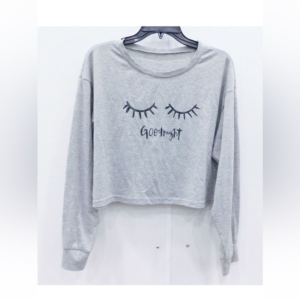 Shein Gray Eyelash & Goodnight Print Long Sleeve Shirt Size XL